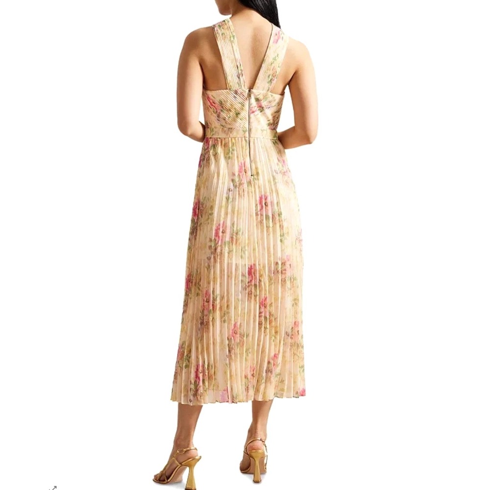 Ted Baker Amerah Cross Front Pleated Floral Midi Dress Tan Pink Size 2 US 6 - Picture 2 of 8